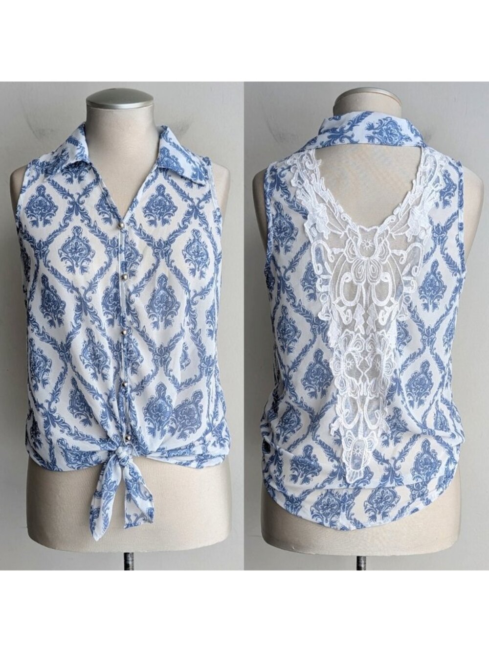 Paisley Lace Sleeveless Tie Waist Blouse